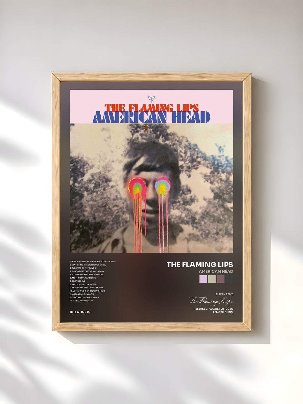 #bois Tableau de l'album American Head de The Flaming Lips, cadre en bois brut, imprimé et encadré en France