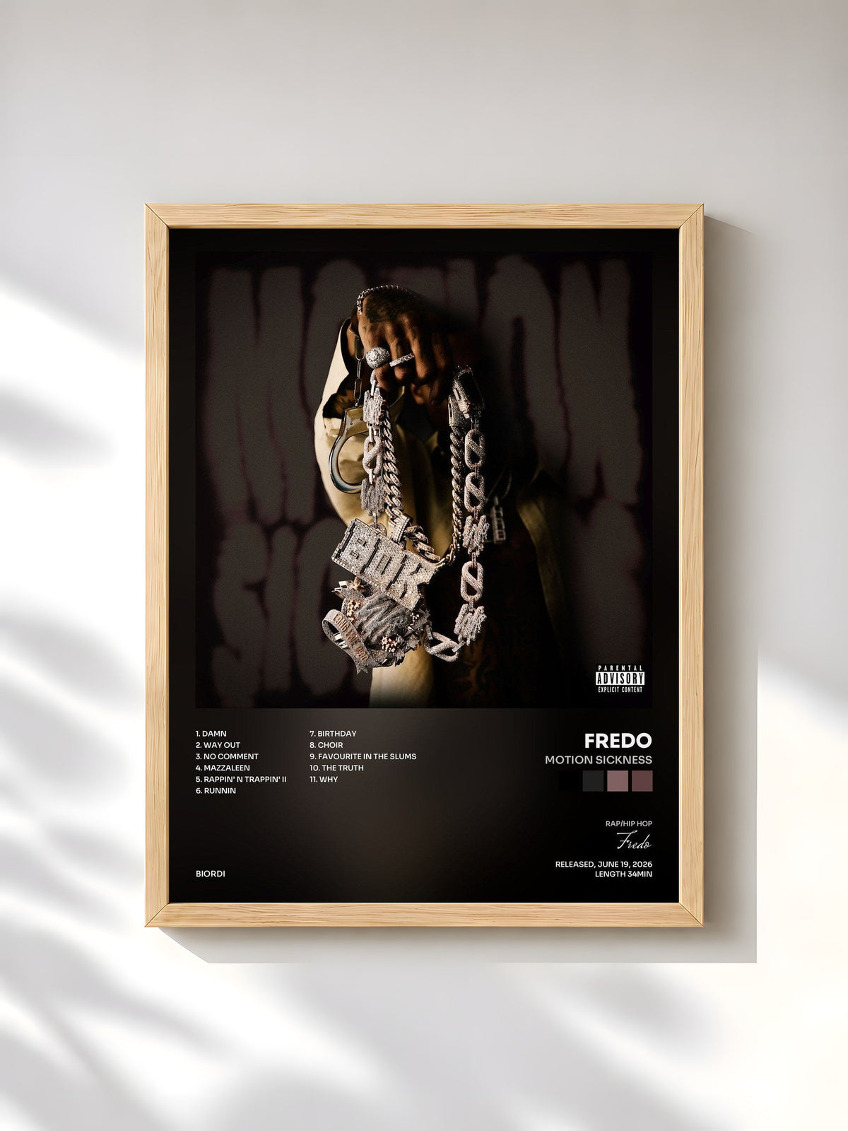 #bois Tableau de l'album Motion Sickness de Fredo, cadre en bois brut, imprimé et encadré en France