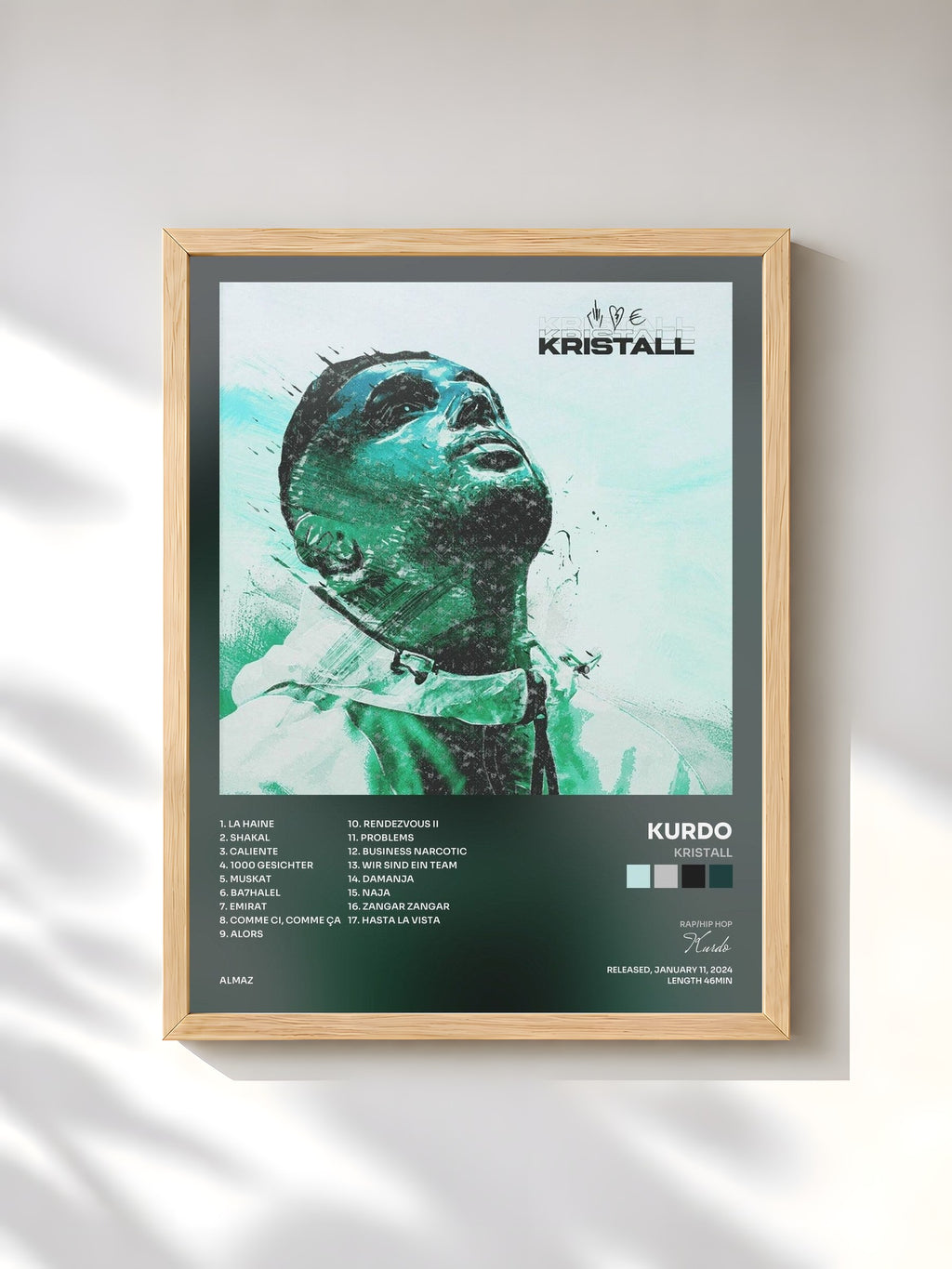 #bois Tableau de l'album KRISTALL de Kurdo, cadre en bois brut, imprimé et encadré en France