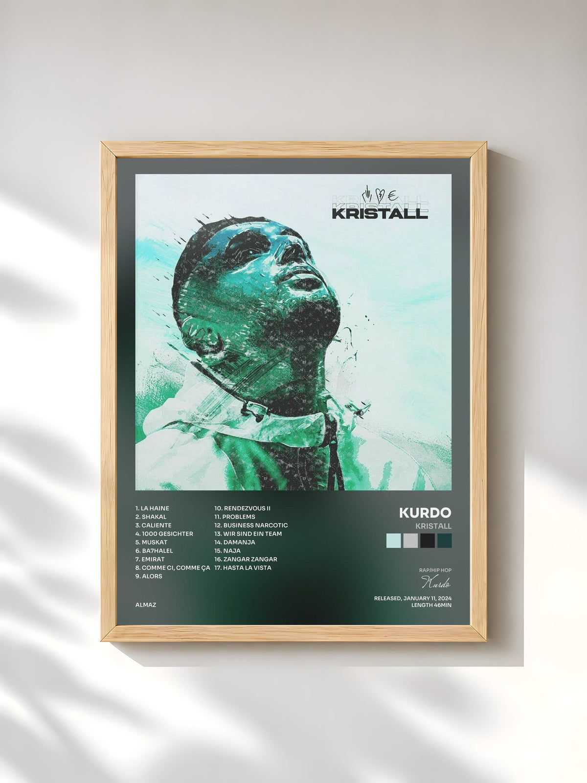 #bois Tableau de l'album KRISTALL de Kurdo, cadre en bois brut, imprimé et encadré en France