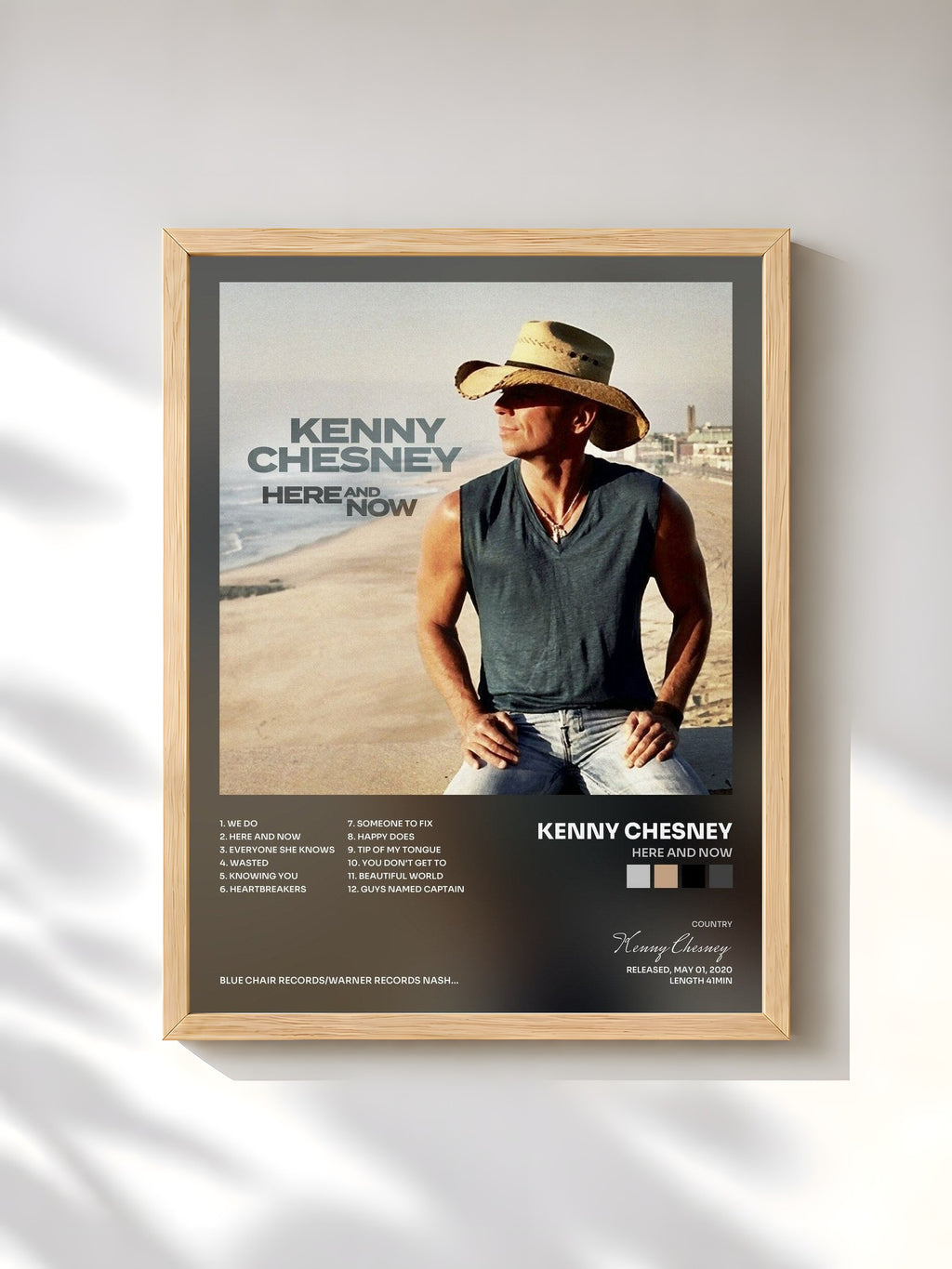 #bois Tableau de l'album Here And Now de Kenny Chesney, cadre en bois brut, imprimé et encadré en France