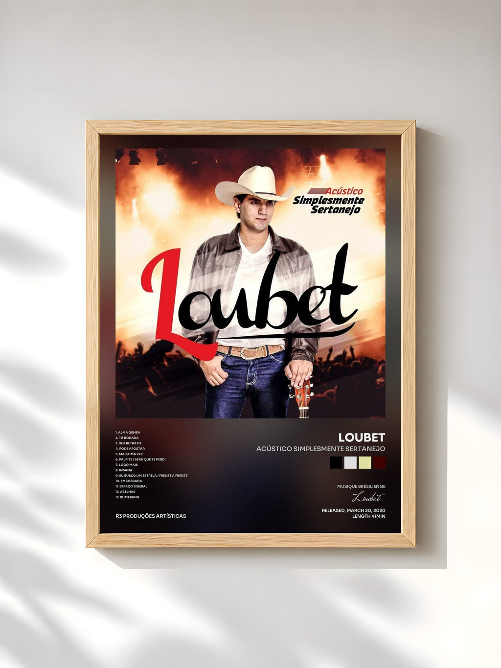#bois Tableau de l'album Acústico Simplesmente Sertanejo de Loubet, cadre en bois brut, imprimé et encadré en France