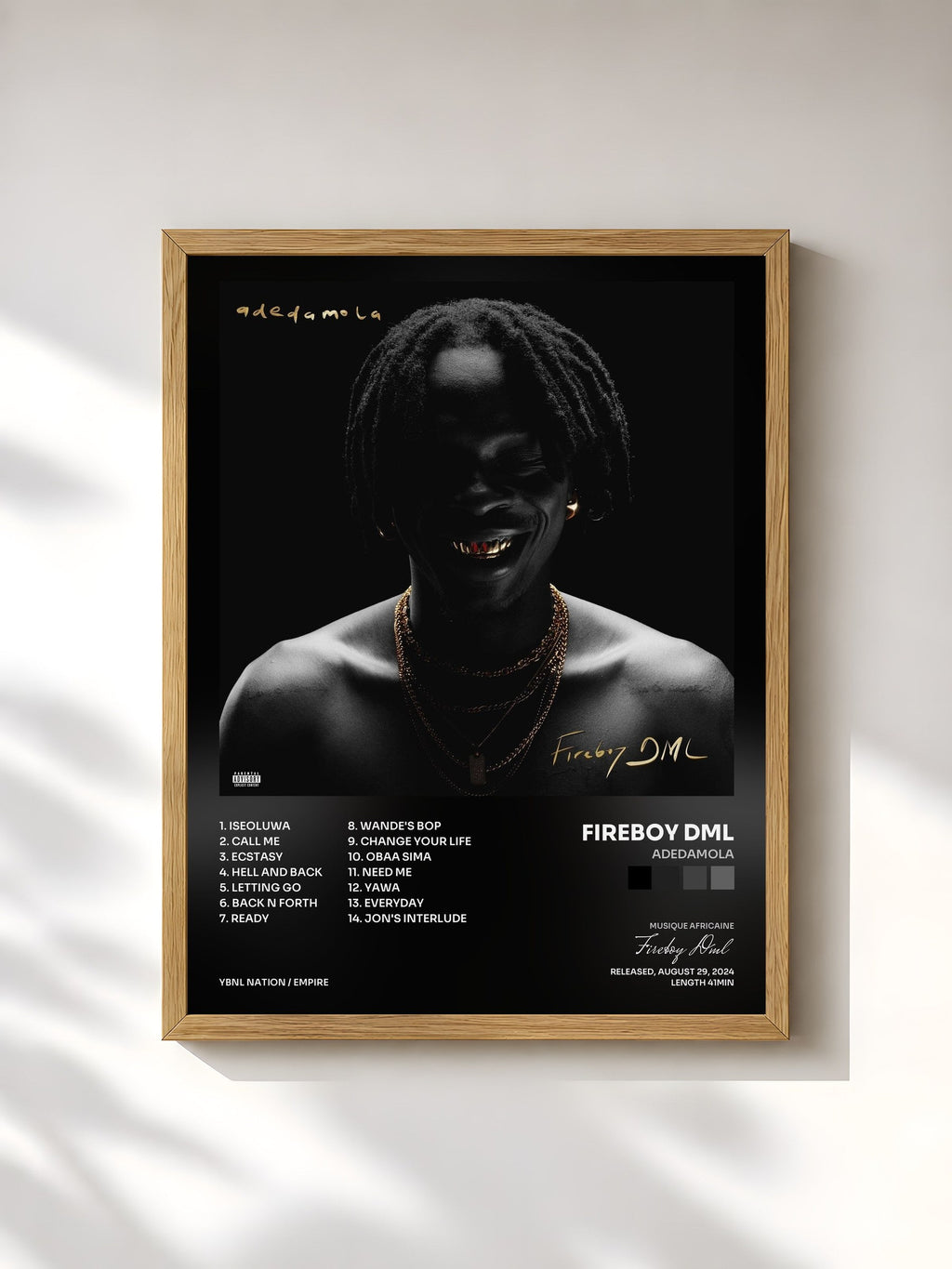 #bois Tableau de l'album adedamola de Fireboy Dml, cadre en bois brut, imprimé et encadré en France