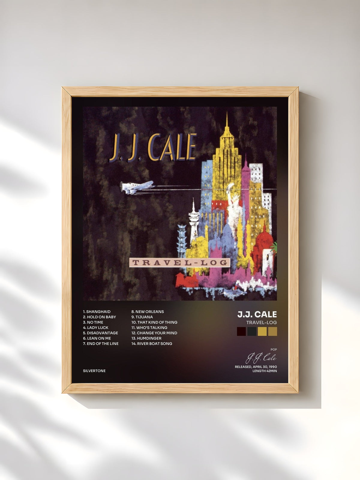 #bois Tableau de l'album Travel-Log de J.J. Cale, cadre en bois brut, imprimé et encadré en France