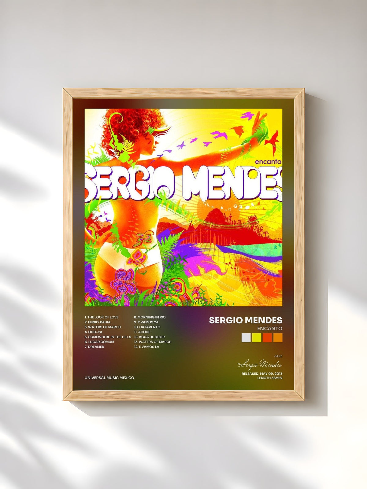#bois Tableau de l'album Encanto de Sergio Mendes, cadre en bois brut, imprimé et encadré en France