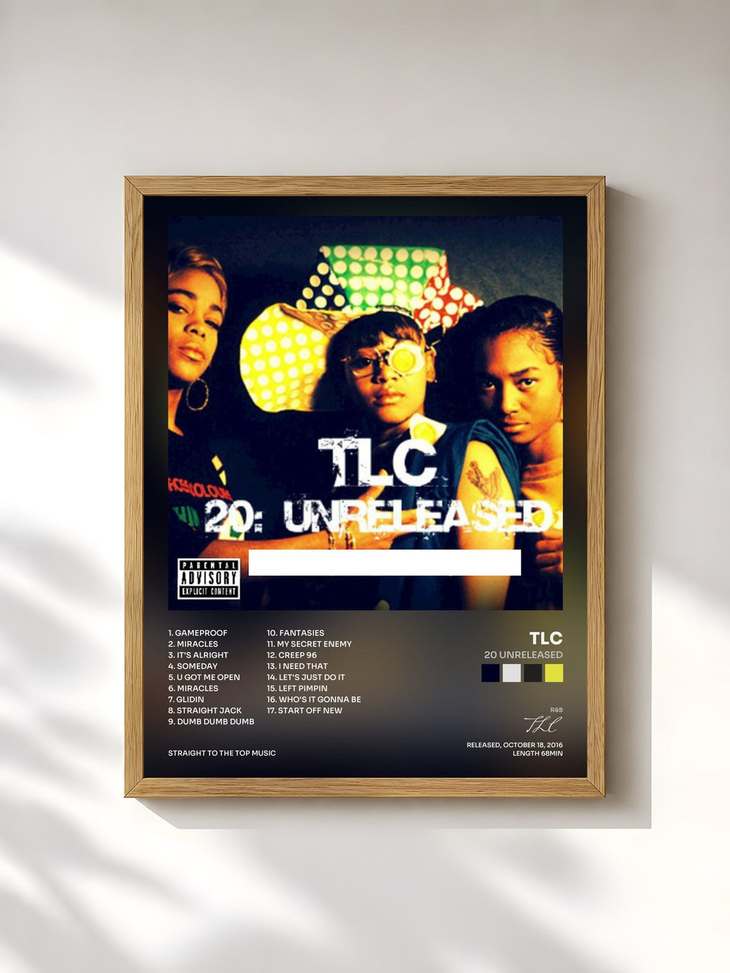 #bois Tableau de l'album 20 Unreleased de TLC, cadre en bois brut, imprimé et encadré en France