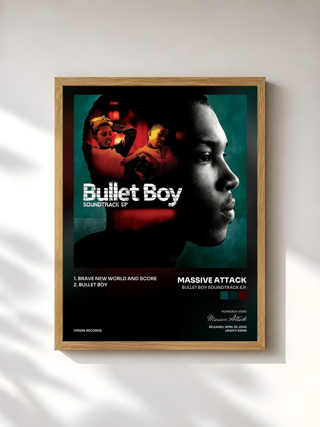 #bois Tableau de l'album Bullet Boy Soundtrack E.P. de Massive Attack, cadre en bois brut, imprimé et encadré en France