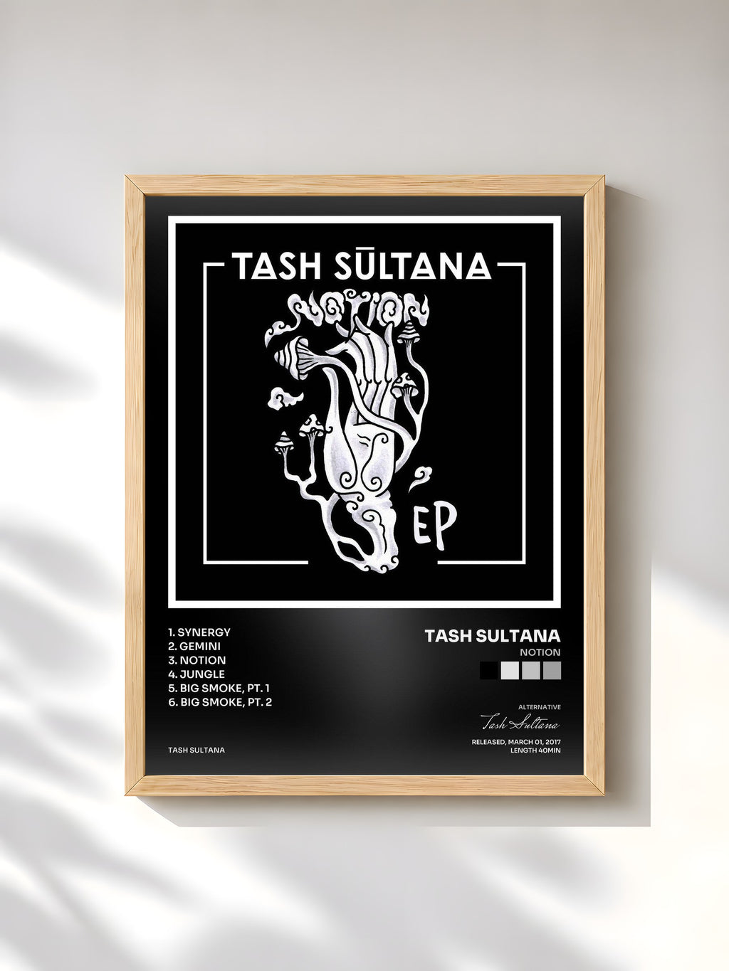 #bois Tableau de l'album Notion de Tash Sultana, cadre en bois brut, imprimé et encadré en France