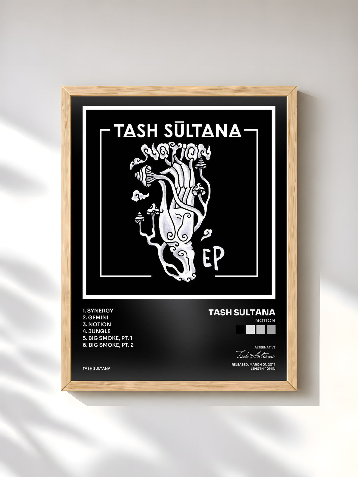 #bois Tableau de l'album Notion de Tash Sultana, cadre en bois brut, imprimé et encadré en France
