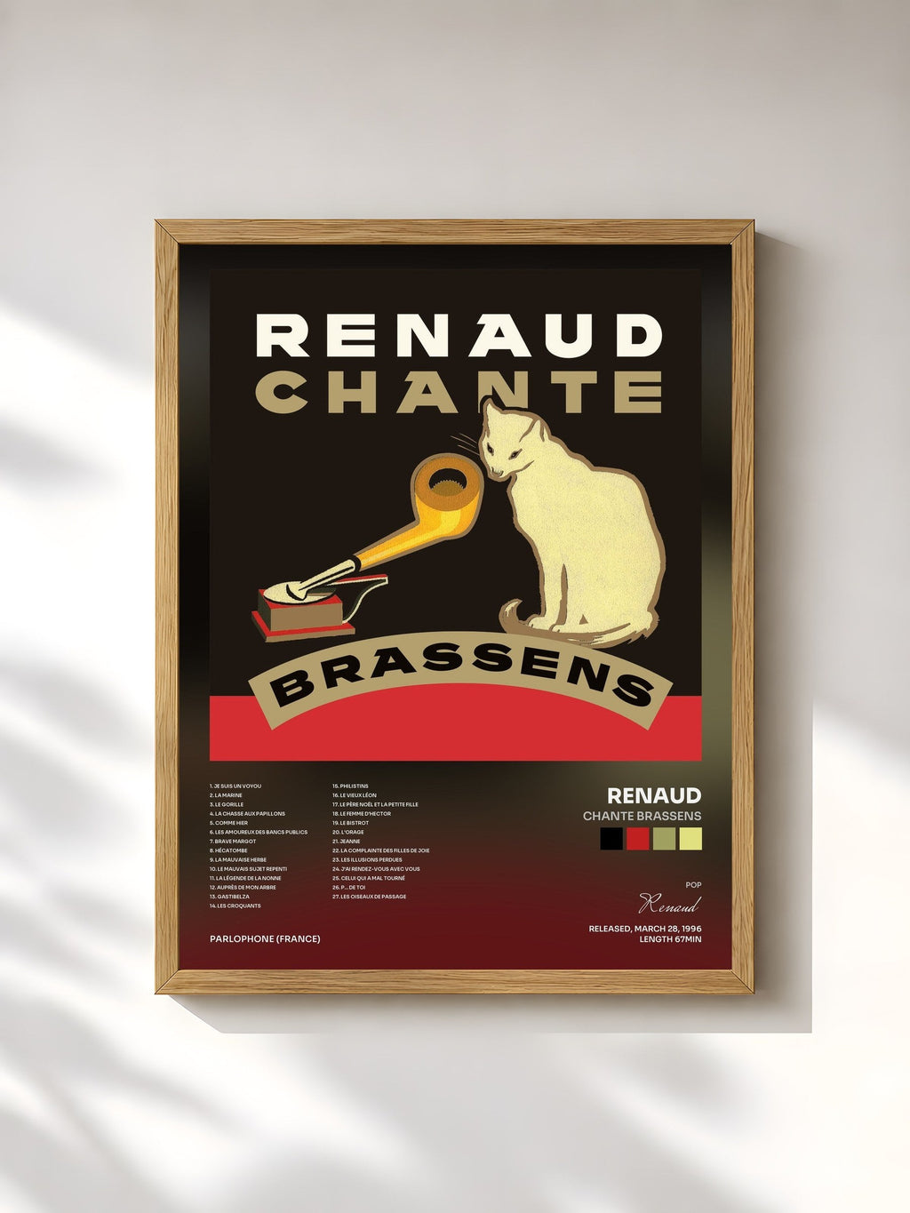 #bois Tableau de l'album Chante Brassens de Renaud, cadre en bois brut, imprimé et encadré en France