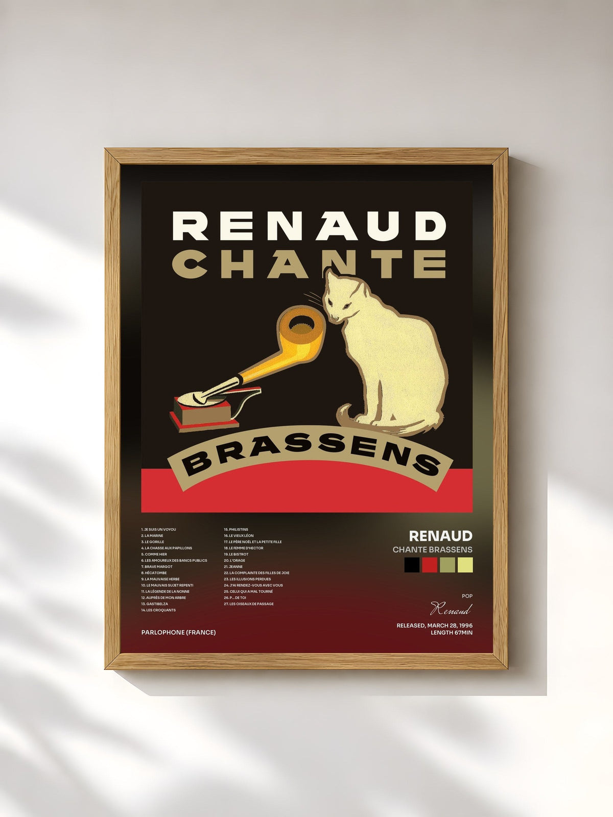 #bois Tableau de l'album Chante Brassens de Renaud, cadre en bois brut, imprimé et encadré en France