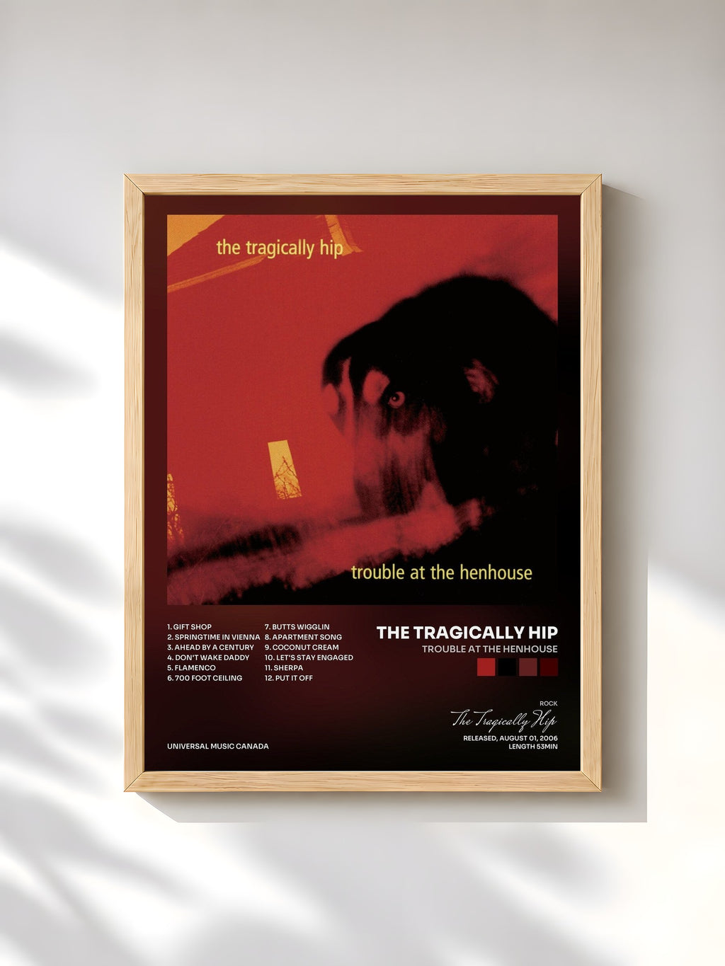 #bois Tableau de l'album Trouble At The Henhouse de The Tragically Hip, cadre en bois brut, imprimé et encadré en France
