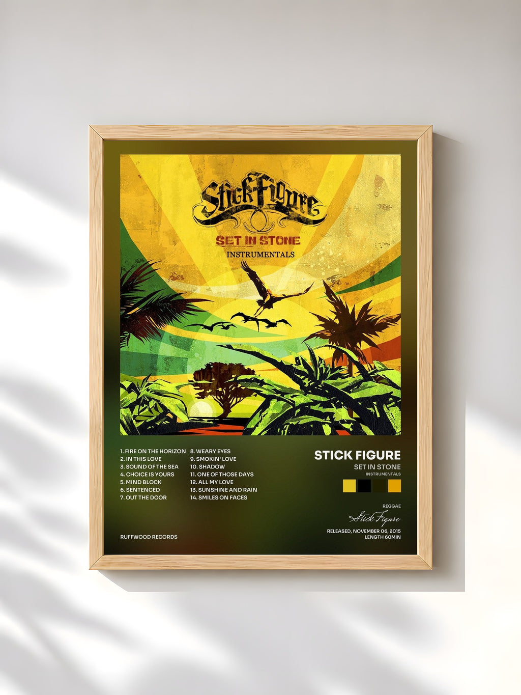 #bois Tableau de l'album Set in Stone (Instrumentals) de Stick Figure, cadre en bois brut, imprimé et encadré en France
