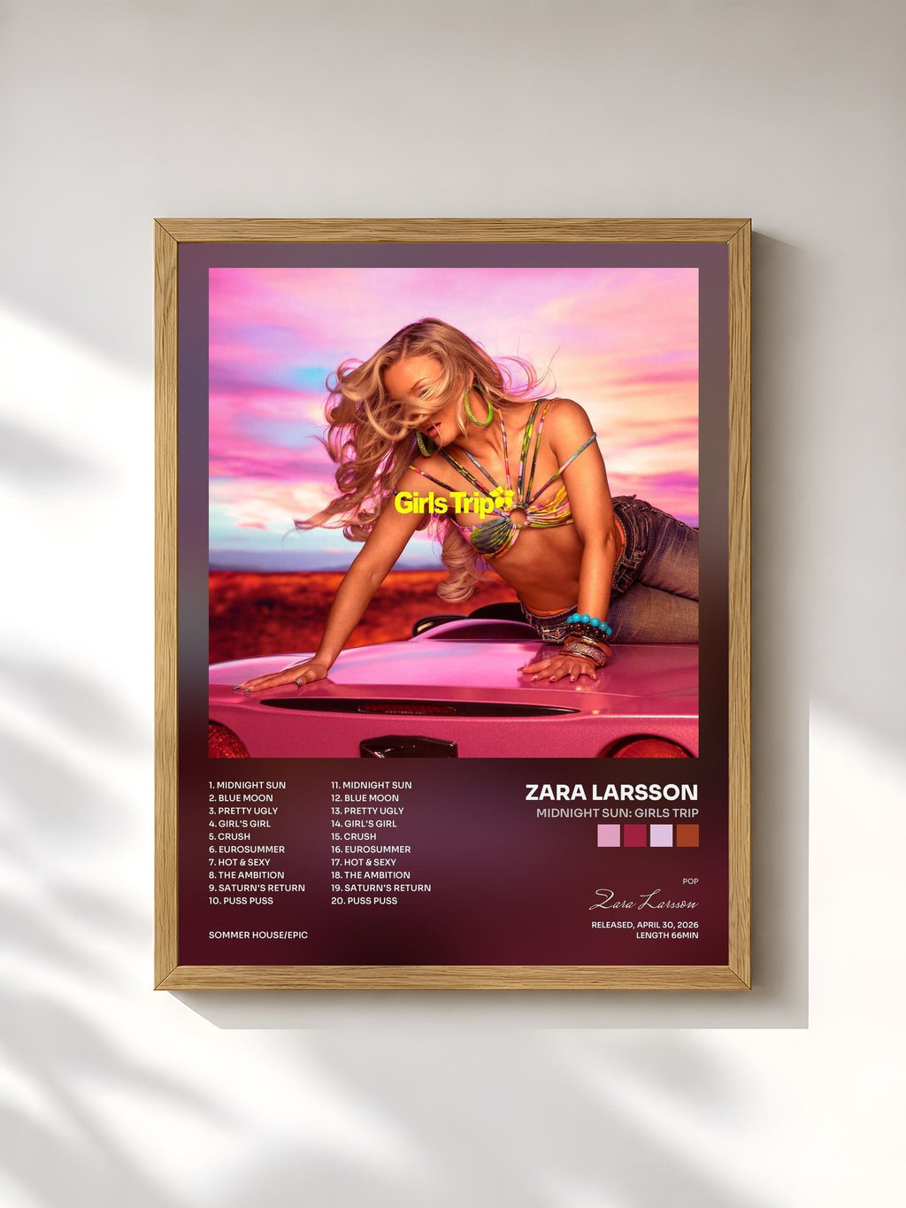 #bois Tableau de l'album Midnight Sun: Girls Trip de Zara Larsson, cadre en bois brut, imprimé et encadré en France