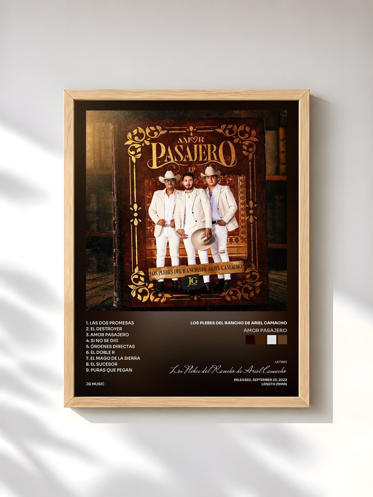 #bois Tableau de l'album Amor Pasajero de Los Plebes del Rancho de Ariel Camacho, cadre en bois brut, imprimé et encadré en France