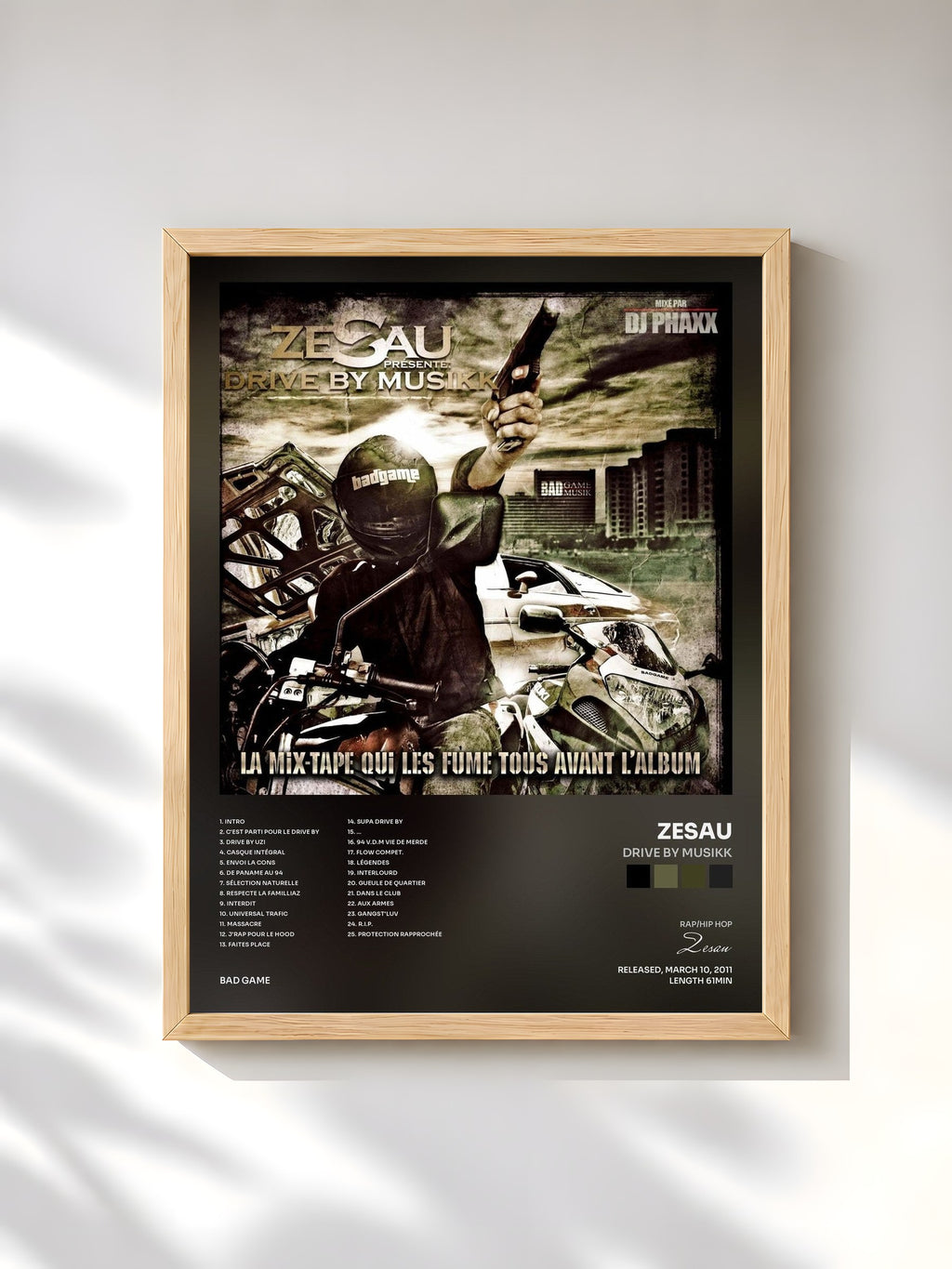 #bois Tableau de l'album Drive by Musikk de Zesau, cadre en bois brut, imprimé et encadré en France