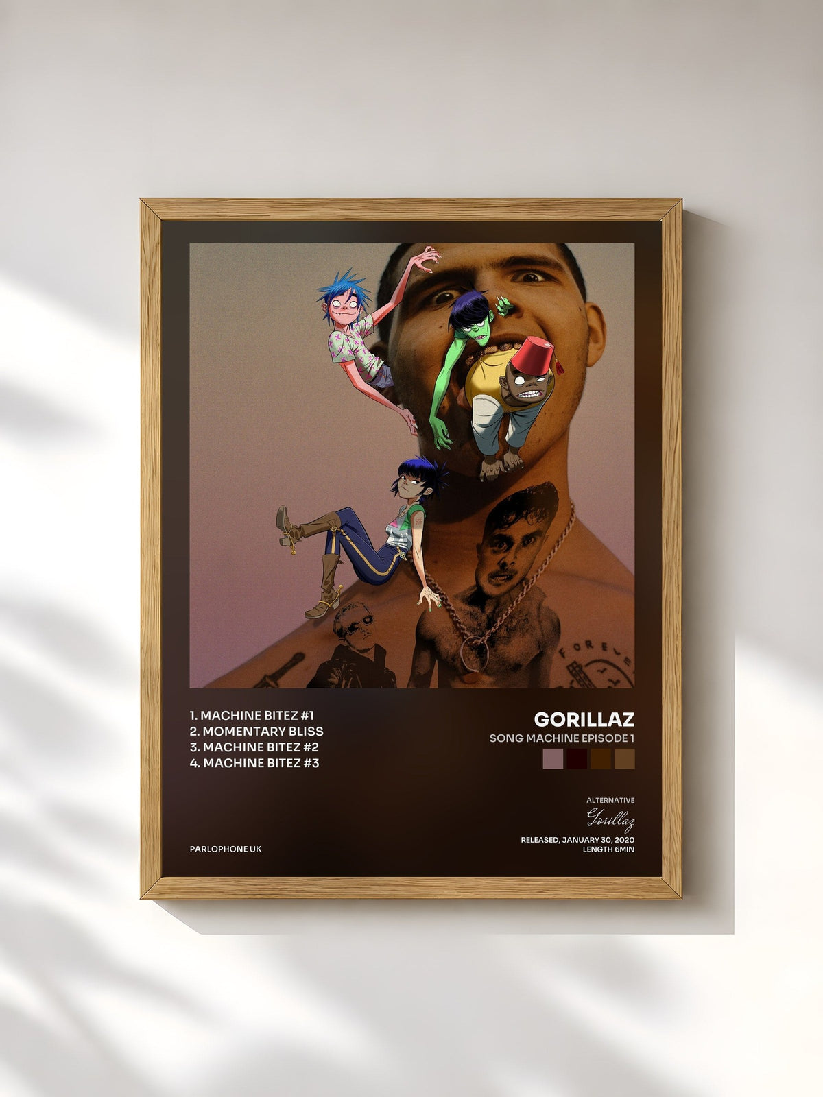 #bois Tableau de l'album Song Machine Episode 1 de Gorillaz, cadre en bois brut, imprimé et encadré en France