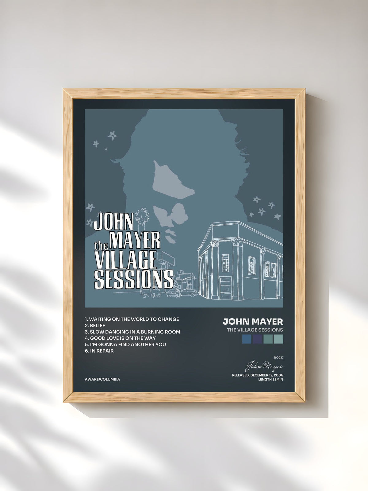 #bois Tableau de l'album The Village Sessions de John Mayer, cadre en bois brut, imprimé et encadré en France