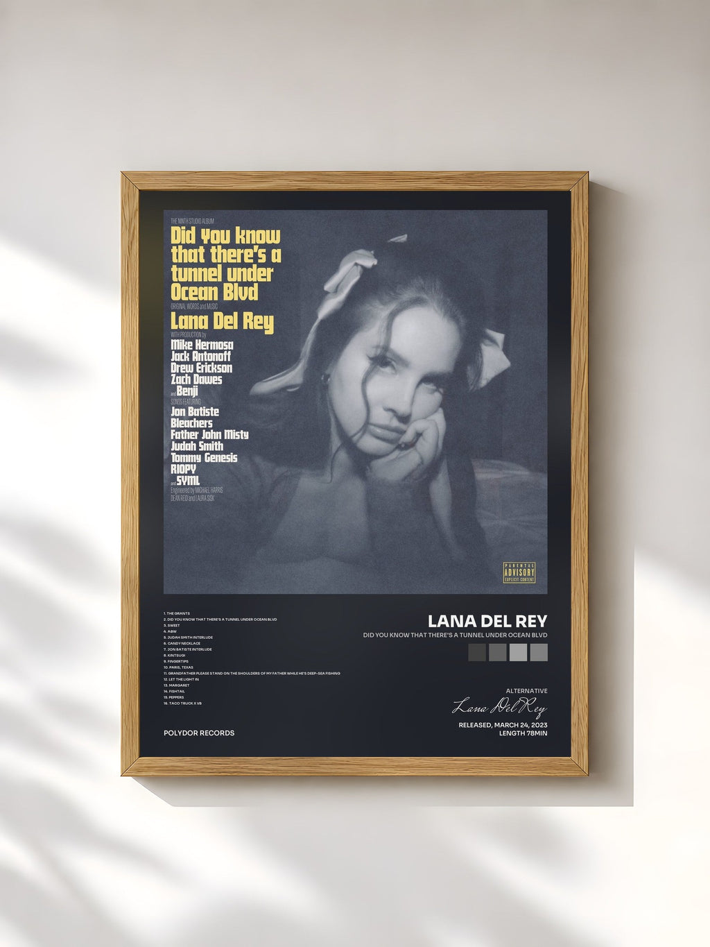 #bois Tableau de l'album Did you know that there's a tunnel under Ocean Blvd de Lana Del Rey, cadre en bois brut, imprimé et encadré en France