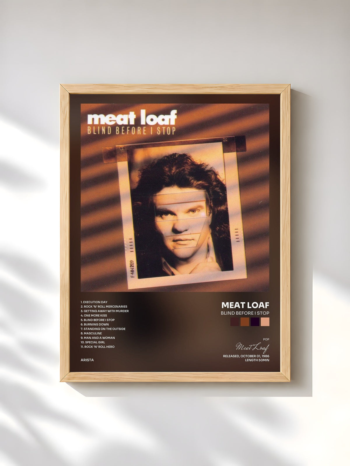 #bois Tableau de l'album Blind Before I Stop de Meat Loaf, cadre en bois brut, imprimé et encadré en France