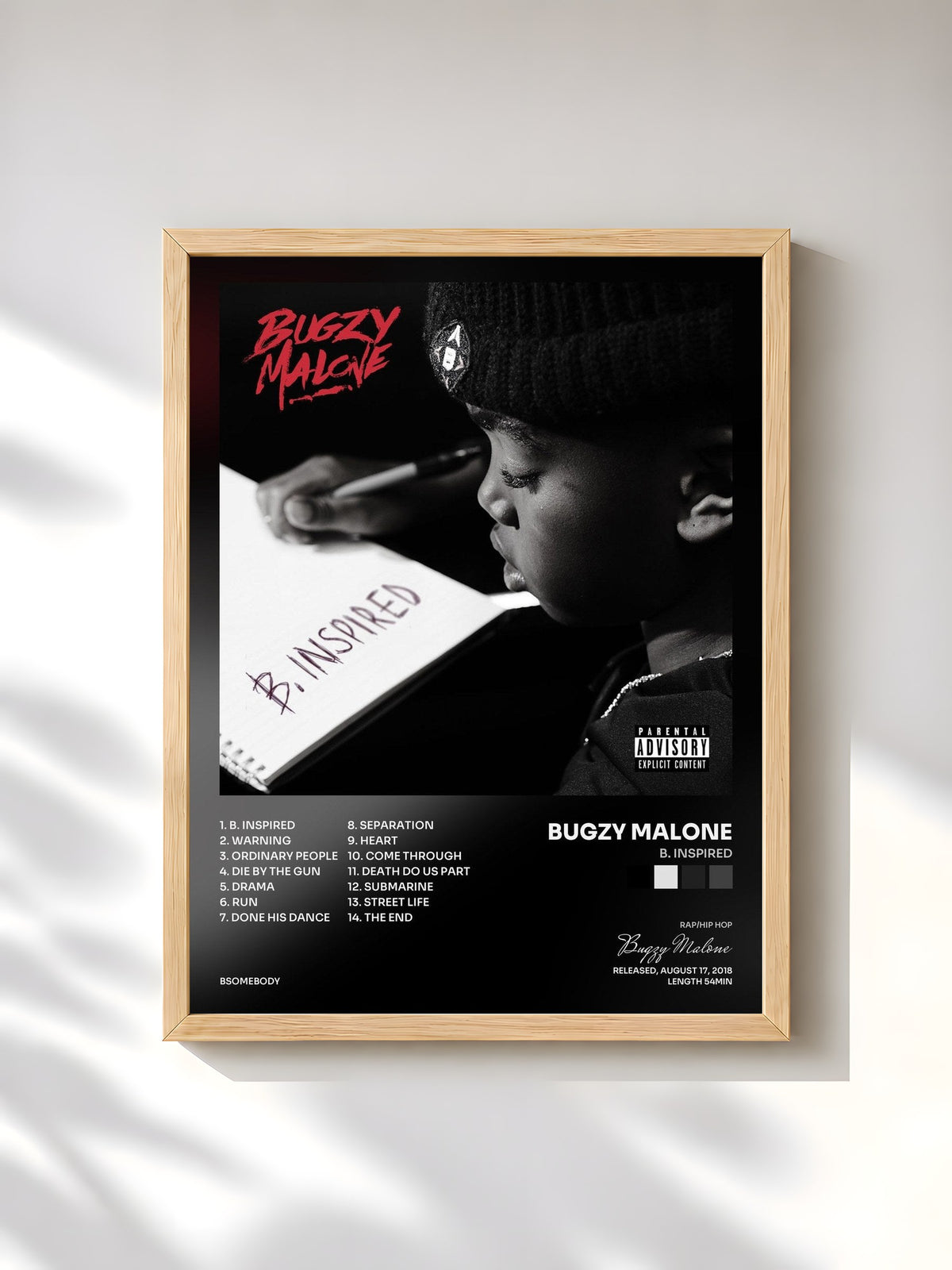 #bois Tableau de l'album B. Inspired de Bugzy Malone, cadre en bois brut, imprimé et encadré en France