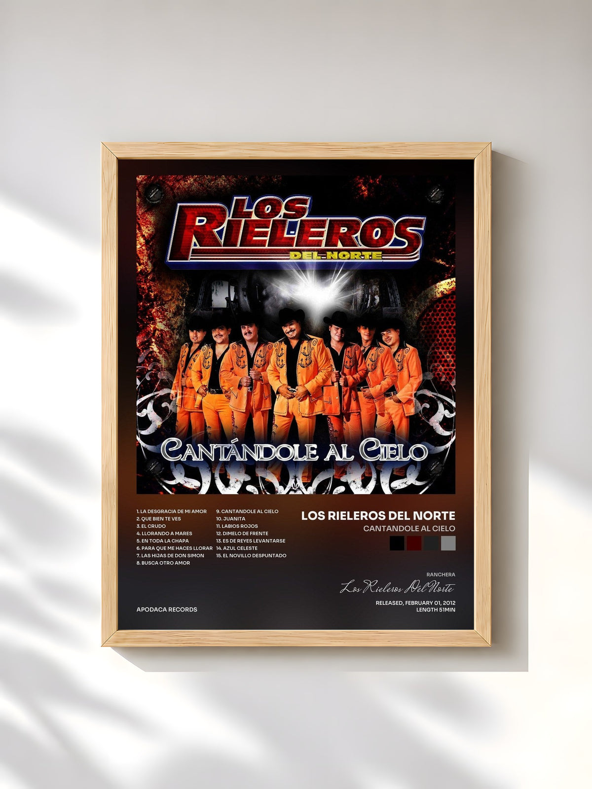 #bois Tableau de l'album Cantandole al Cielo de Los Rieleros Del Norte, cadre en bois brut, imprimé et encadré en France
