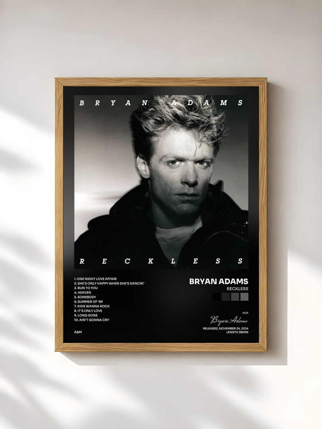 #bois Tableau de l'album Reckless de Bryan Adams, cadre en bois brut, imprimé et encadré en France