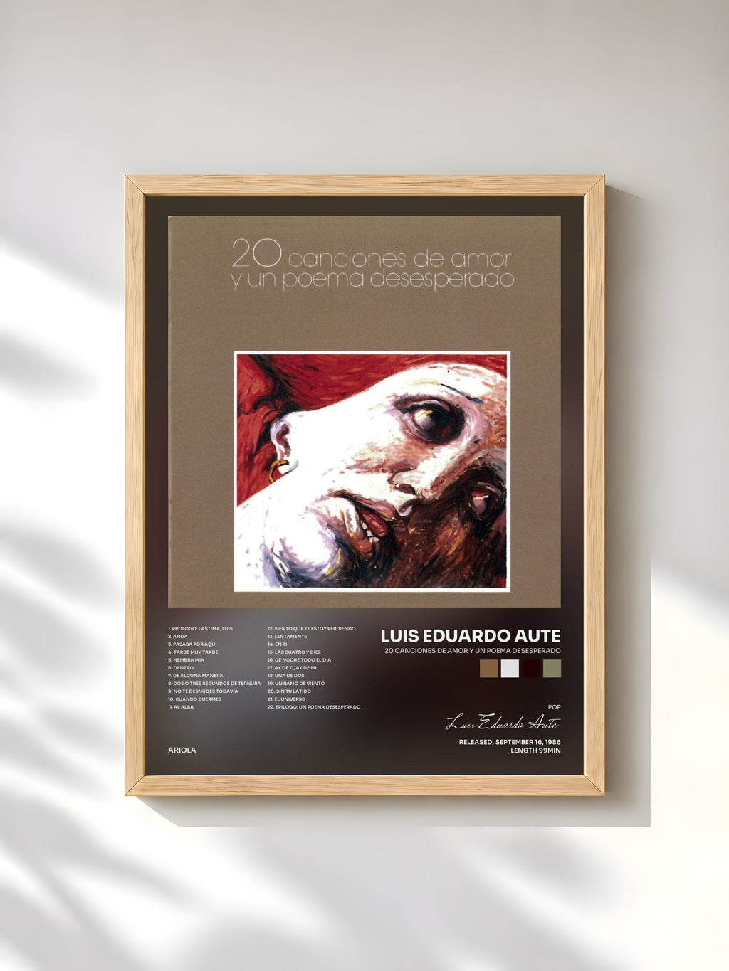 #bois Tableau de l'album 20 Canciones De Amor Y Un Poema Desesperado de Luis Eduardo Aute, cadre en bois brut, imprimé et encadré en France