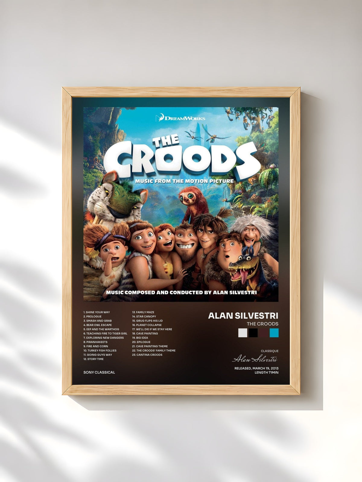 #bois Tableau de l'album The Croods de Alan Silvestri, cadre en bois brut, imprimé et encadré en France