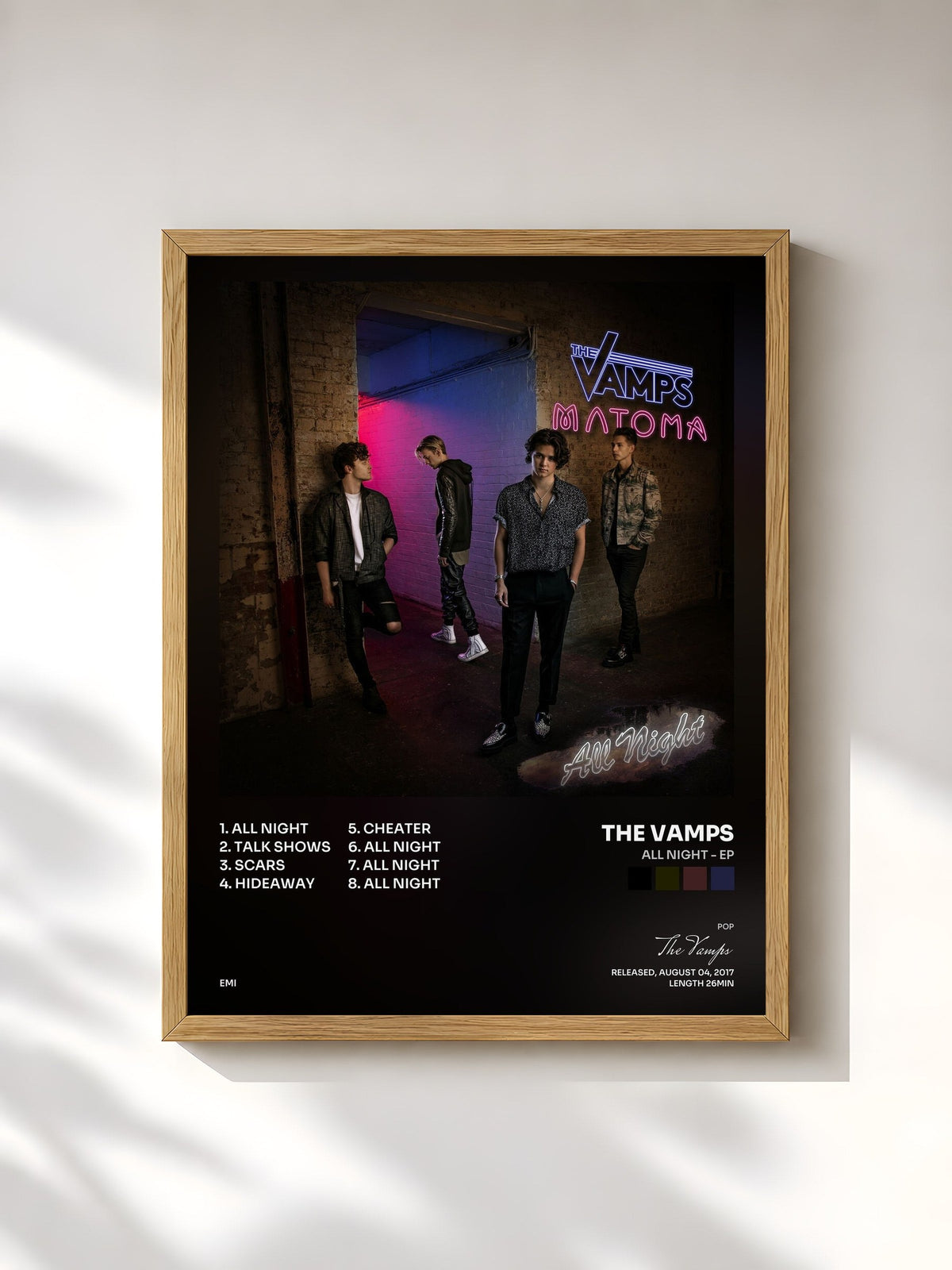 #bois Tableau de l'album All Night - EP de The Vamps, cadre en bois brut, imprimé et encadré en France