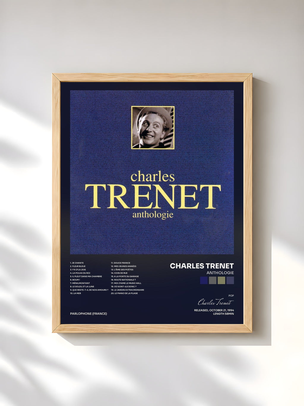 #bois Tableau de l'album Anthologie de Charles Trenet, cadre en bois brut, imprimé et encadré en France