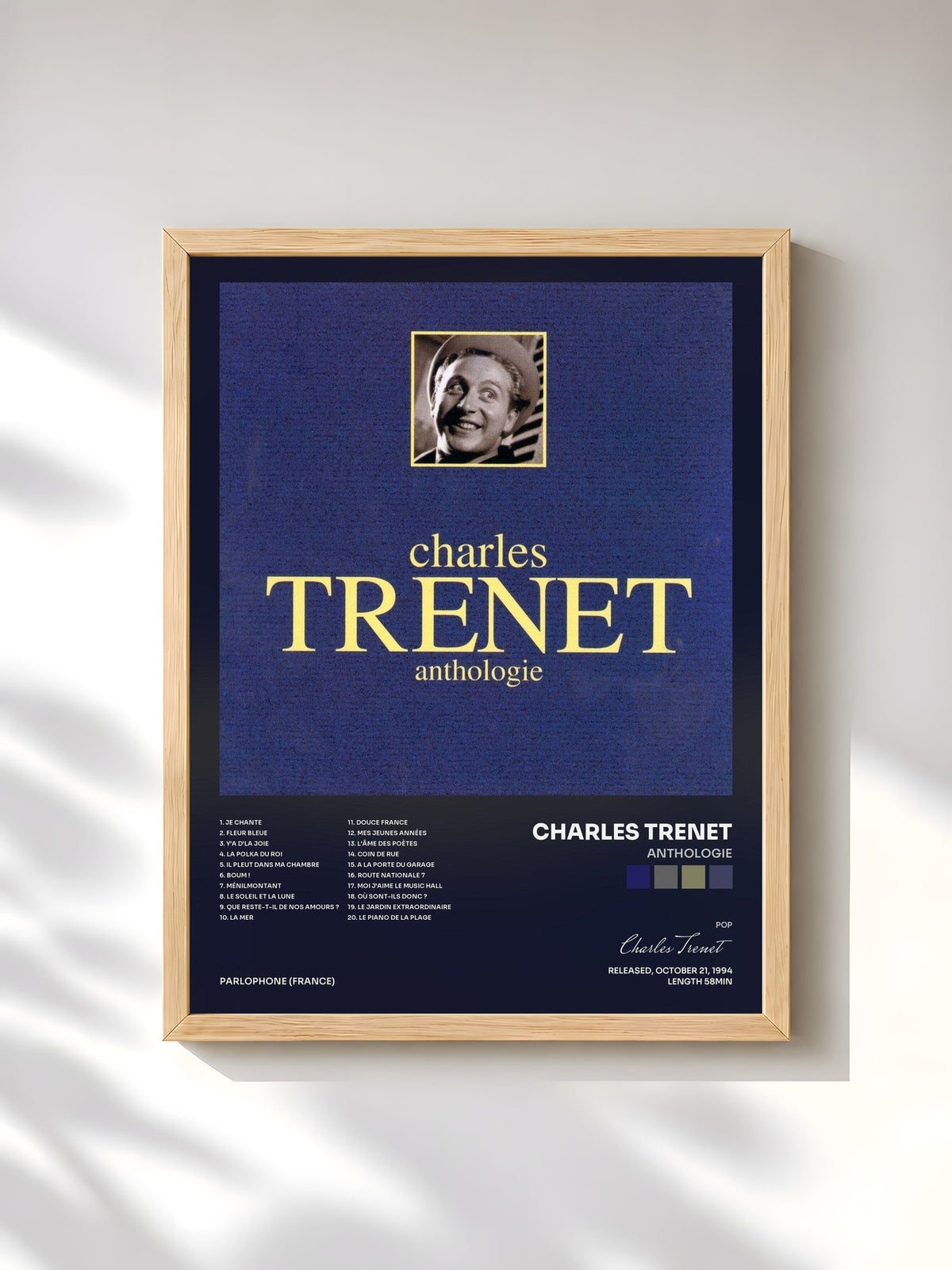 #bois Tableau de l'album Anthologie de Charles Trenet, cadre en bois brut, imprimé et encadré en France