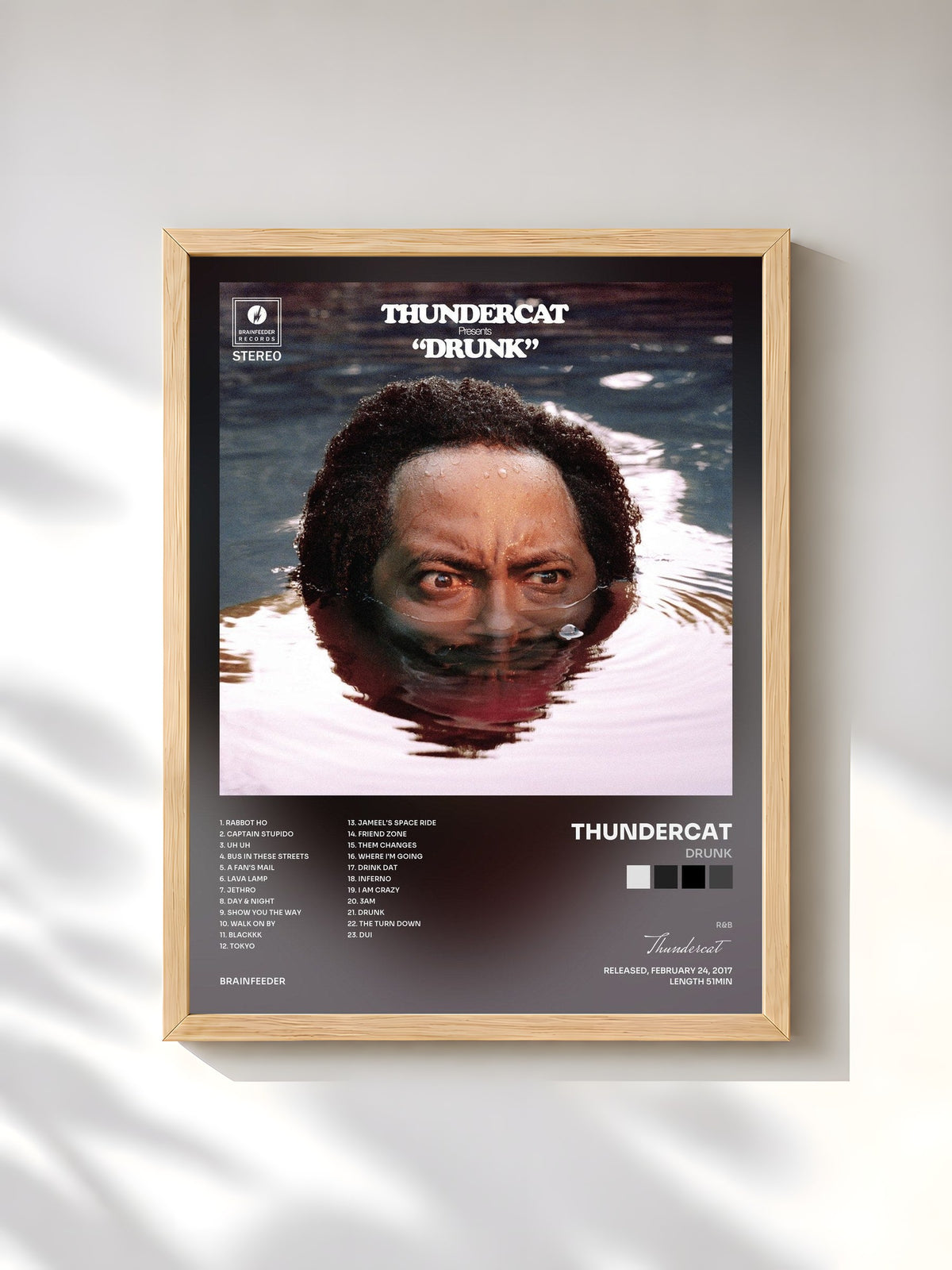 #bois Tableau de l'album Drunk de Thundercat, cadre en bois brut, imprimé et encadré en France