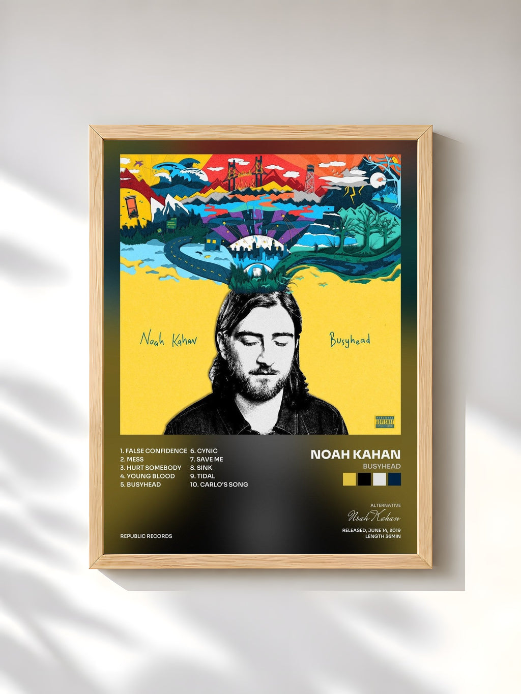#bois Tableau de l'album Busyhead de Noah Kahan, cadre en bois brut, imprimé et encadré en France