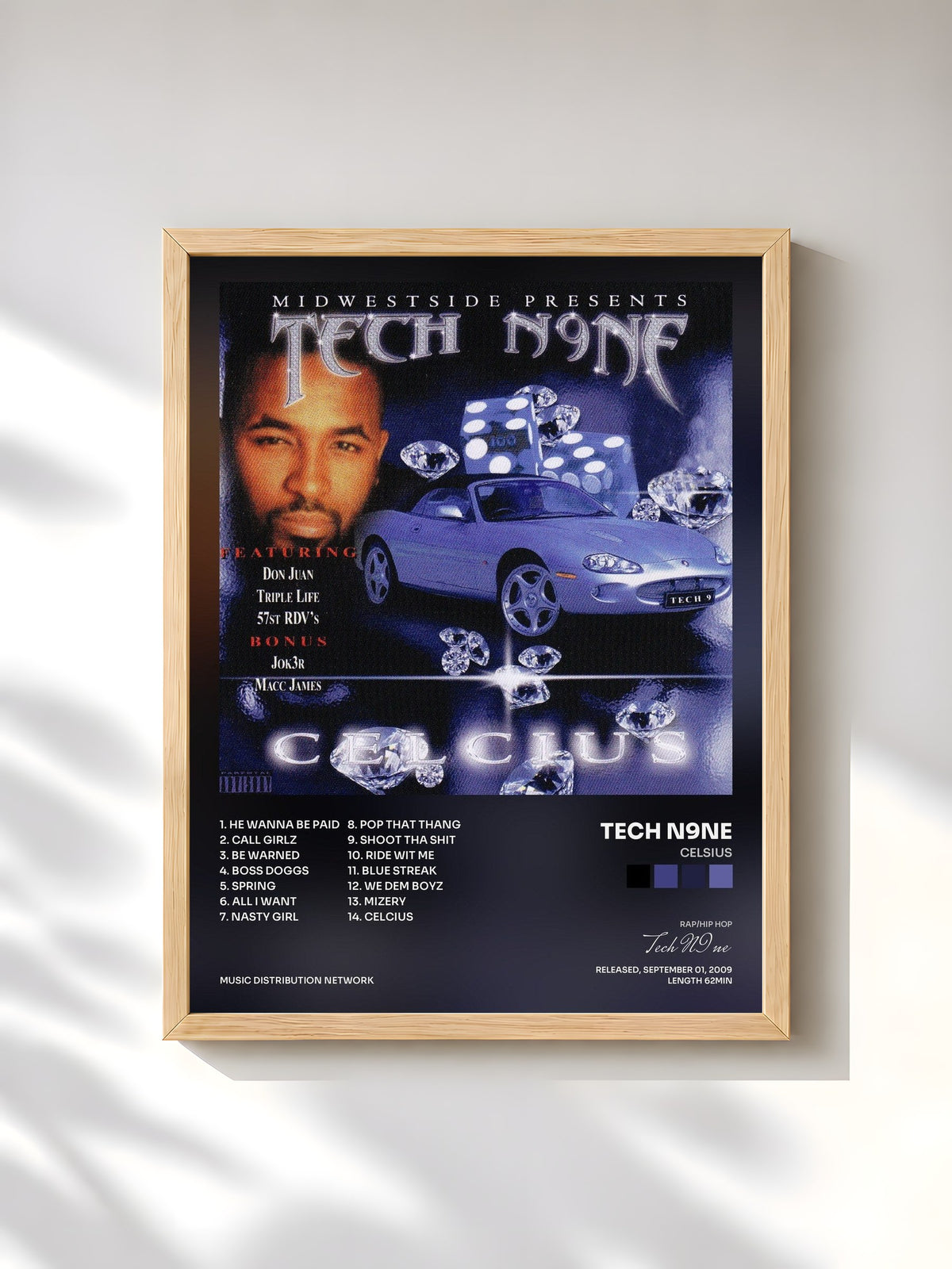 #bois Tableau de l'album Celsius de Tech N9ne, cadre en bois brut, imprimé et encadré en France