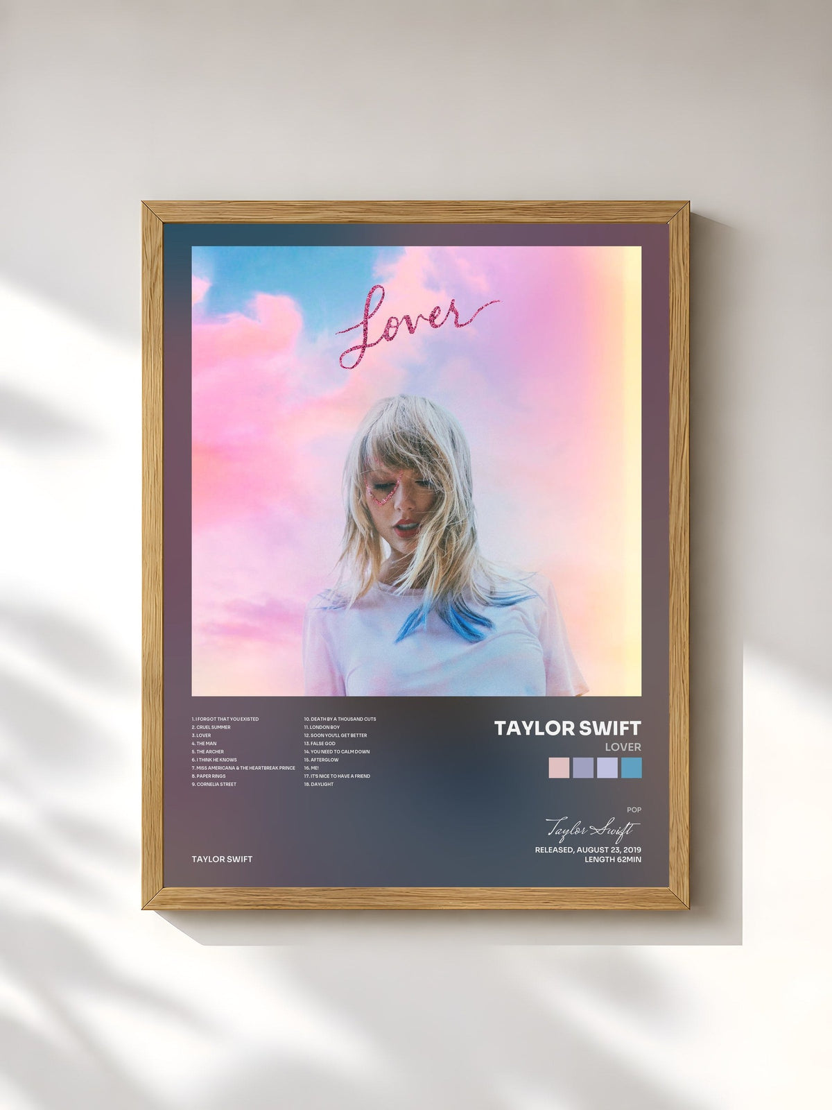 #bois Tableau de l'album Lover de Taylor Swift, cadre en bois brut, imprimé et encadré en France