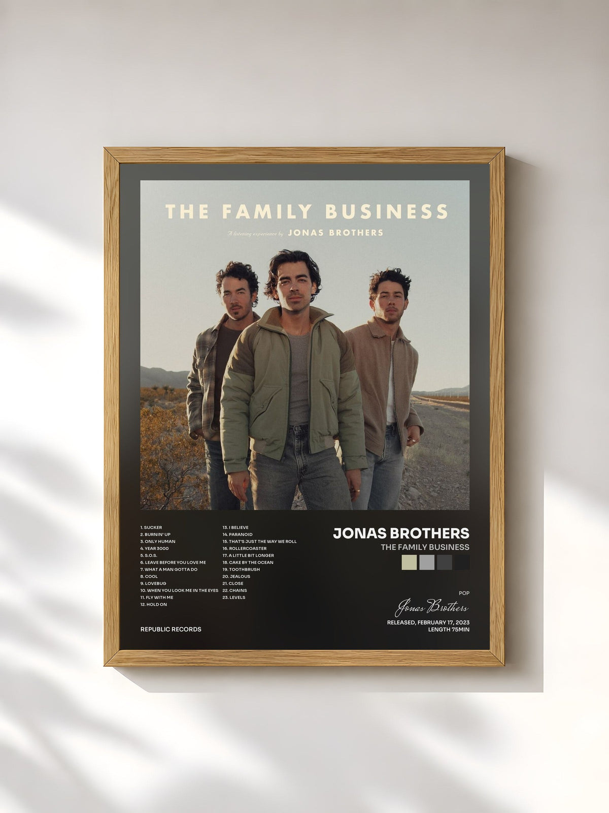 #bois Tableau de l'album The Family Business de Jonas Brothers, cadre en bois brut, imprimé et encadré en France
