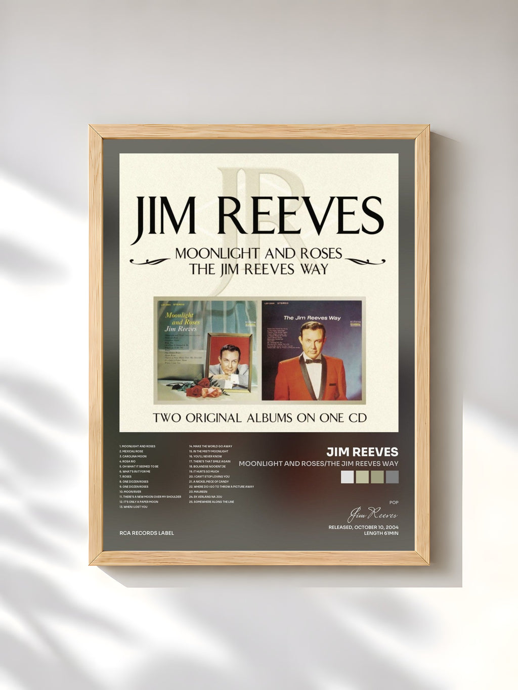 #bois Tableau de l'album Moonlight and Roses/The Jim Reeves Way de Jim Reeves, cadre en bois brut, imprimé et encadré en France