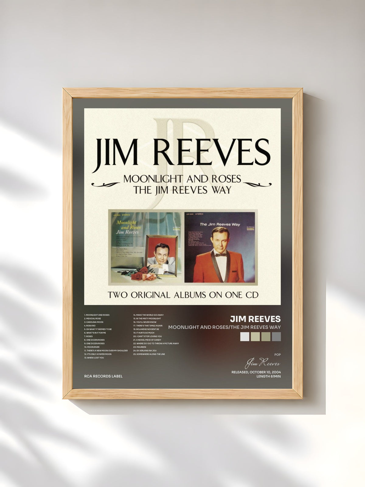 #bois Tableau de l'album Moonlight and Roses/The Jim Reeves Way de Jim Reeves, cadre en bois brut, imprimé et encadré en France