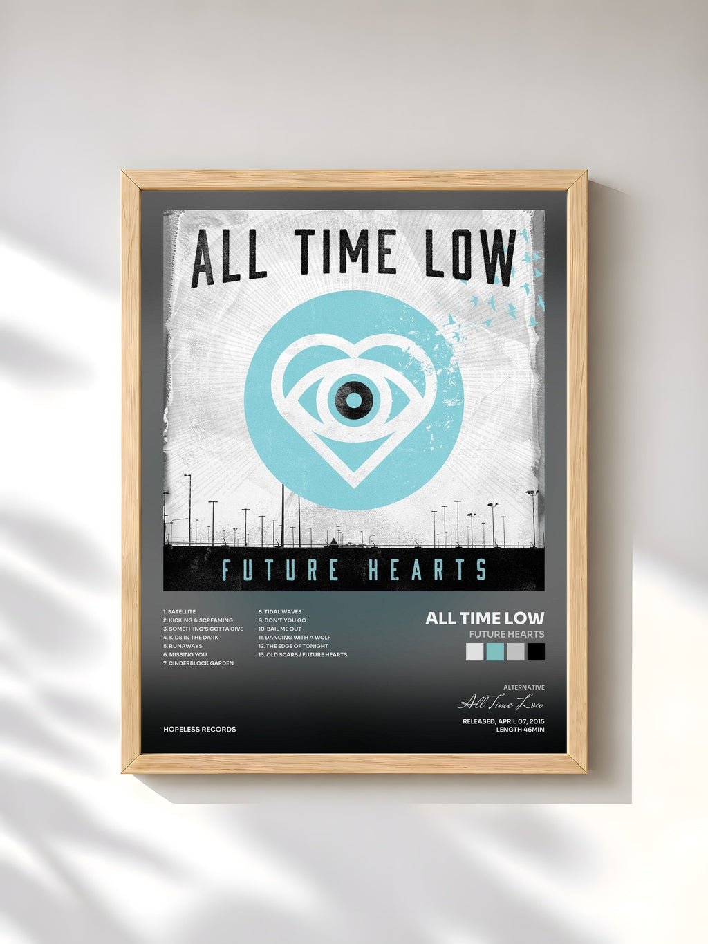 #bois Tableau de l'album Future Hearts de All Time Low, cadre en bois brut, imprimé et encadré en France