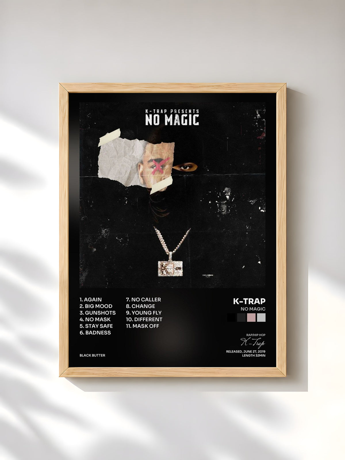 #bois Tableau de l'album No Magic de K-Trap, cadre en bois brut, imprimé et encadré en France