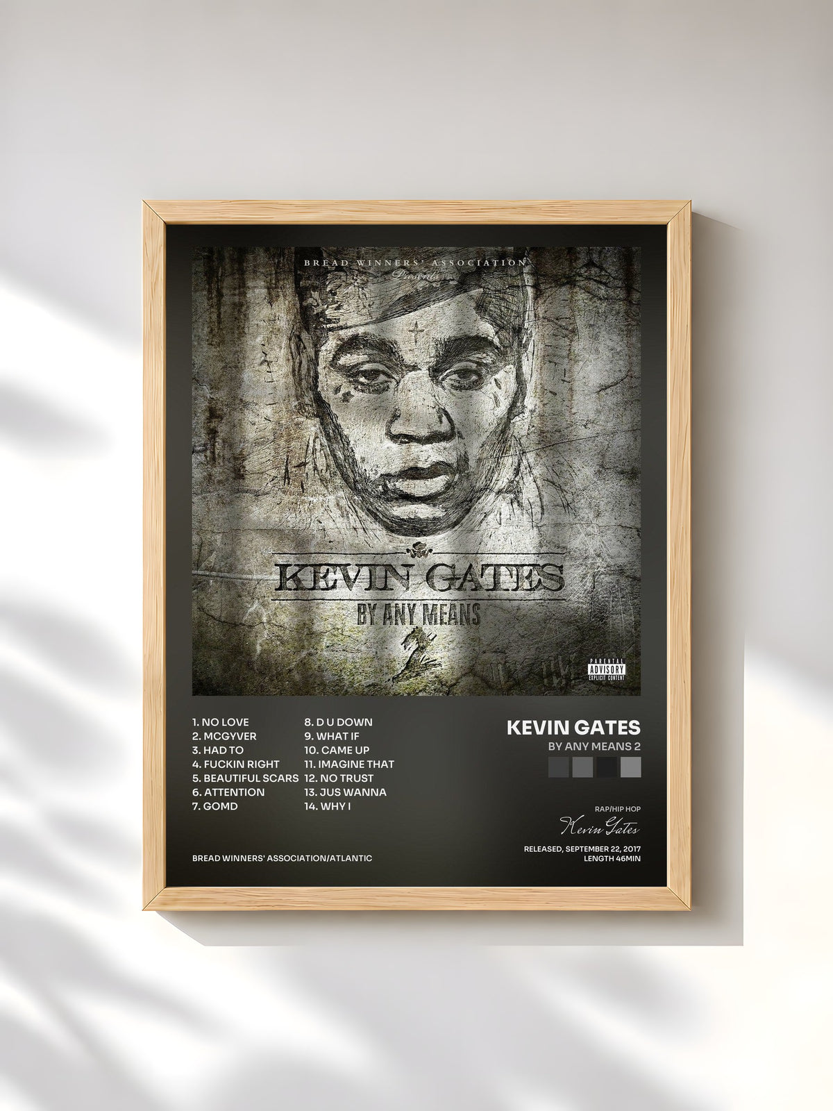 #bois Tableau de l'album By Any Means 2 de Kevin Gates, cadre en bois brut, imprimé et encadré en France