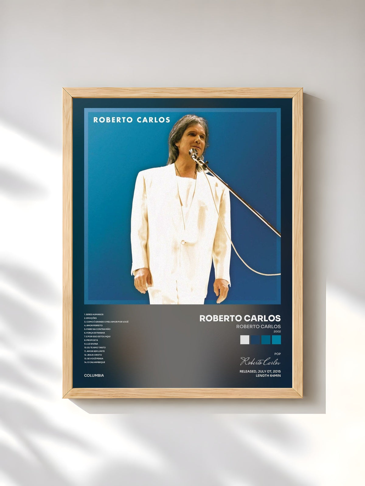 #bois Tableau de l'album Roberto Carlos (2002) de Roberto Carlos, cadre en bois brut, imprimé et encadré en France