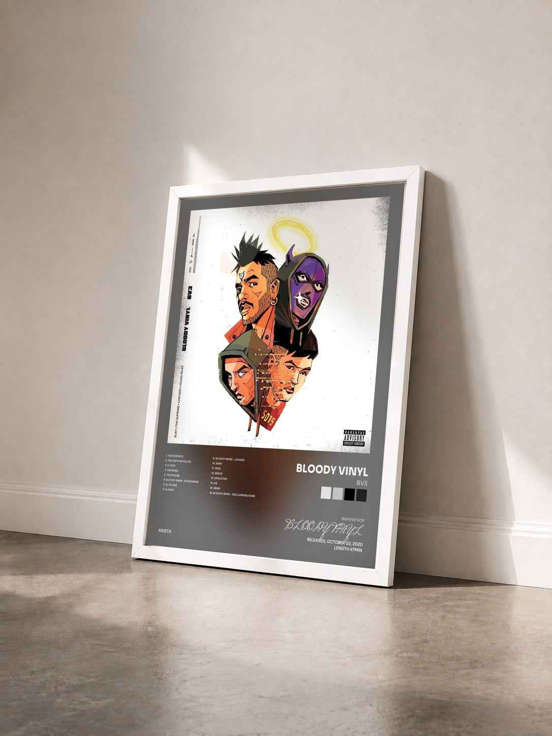 #blanc Tableau de l'album BV3 de BLOODY VINYL vu de trois quarts, cadre blanc
