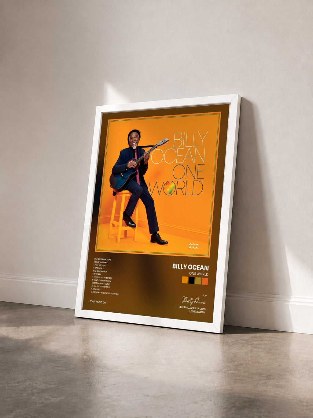 #blanc Tableau de l'album One World de Billy Ocean vu de trois quarts, cadre blanc