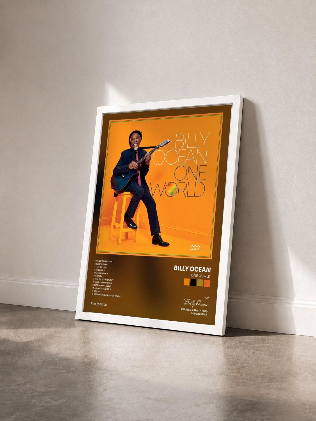 #blanc Tableau de l'album One World de Billy Ocean vu de trois quarts, cadre blanc