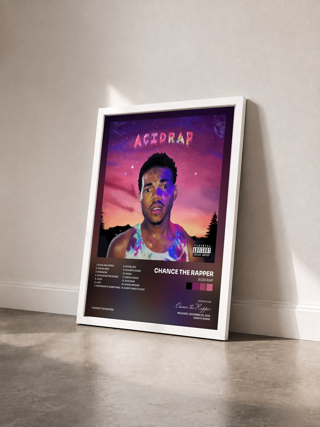 #blanc Tableau de l'album Acid Rap de Chance the Rapper vu de trois quarts, cadre blanc