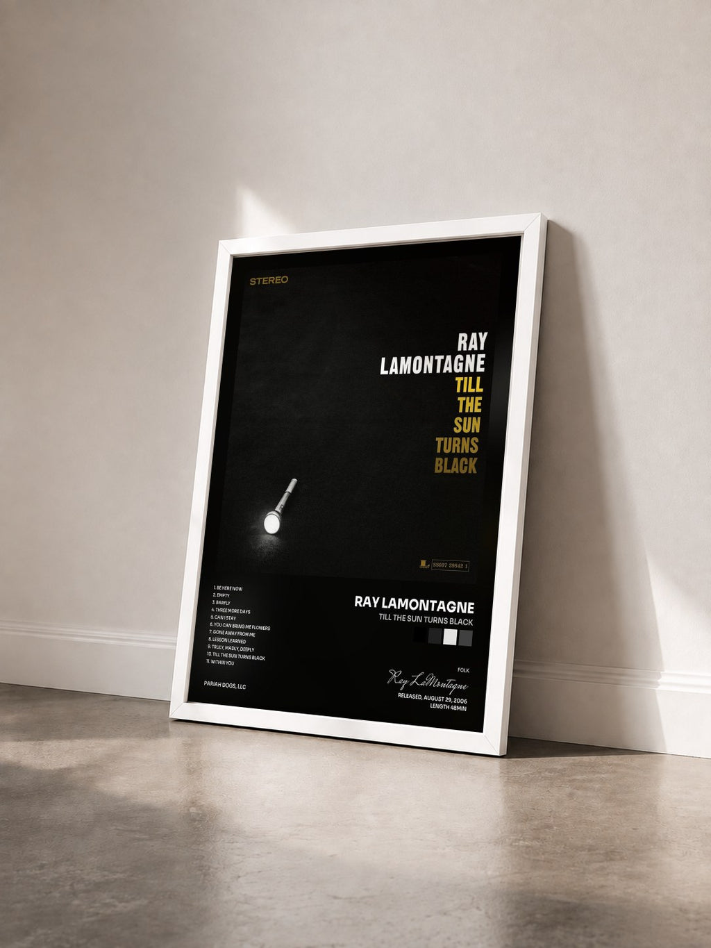 #blanc Tableau de l'album Till The Sun Turns Black de Ray LaMontagne vu de trois quarts, cadre blanc