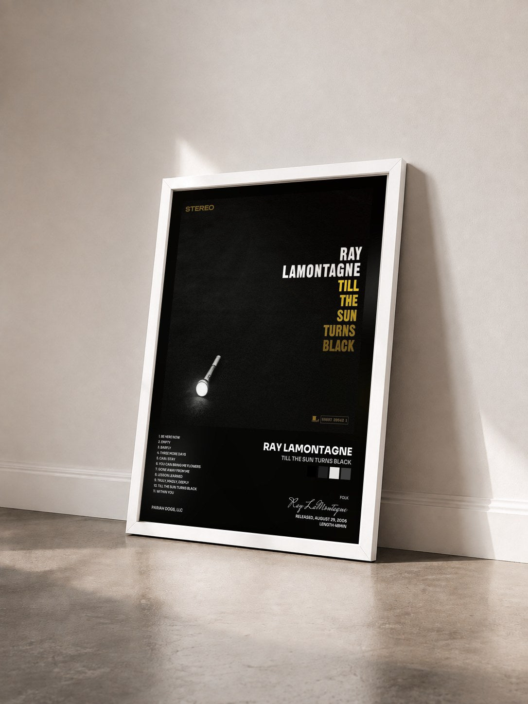 #blanc Tableau de l'album Till The Sun Turns Black de Ray LaMontagne vu de trois quarts, cadre blanc