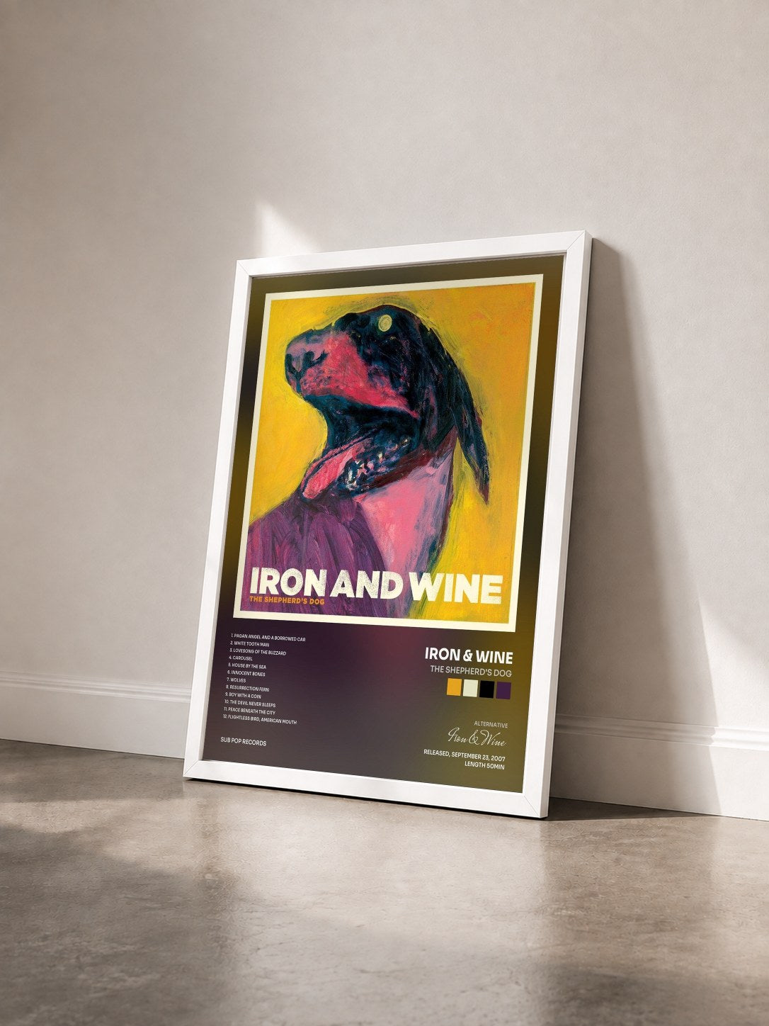 #blanc Tableau de l'album The Shepherd's Dog de Iron & Wine vu de trois quarts, cadre blanc
